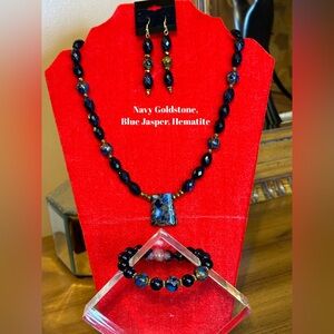 2Pc Handcrafted Gemstone Navy Goldstone, Blue Jasper & Hematite Necklace set.